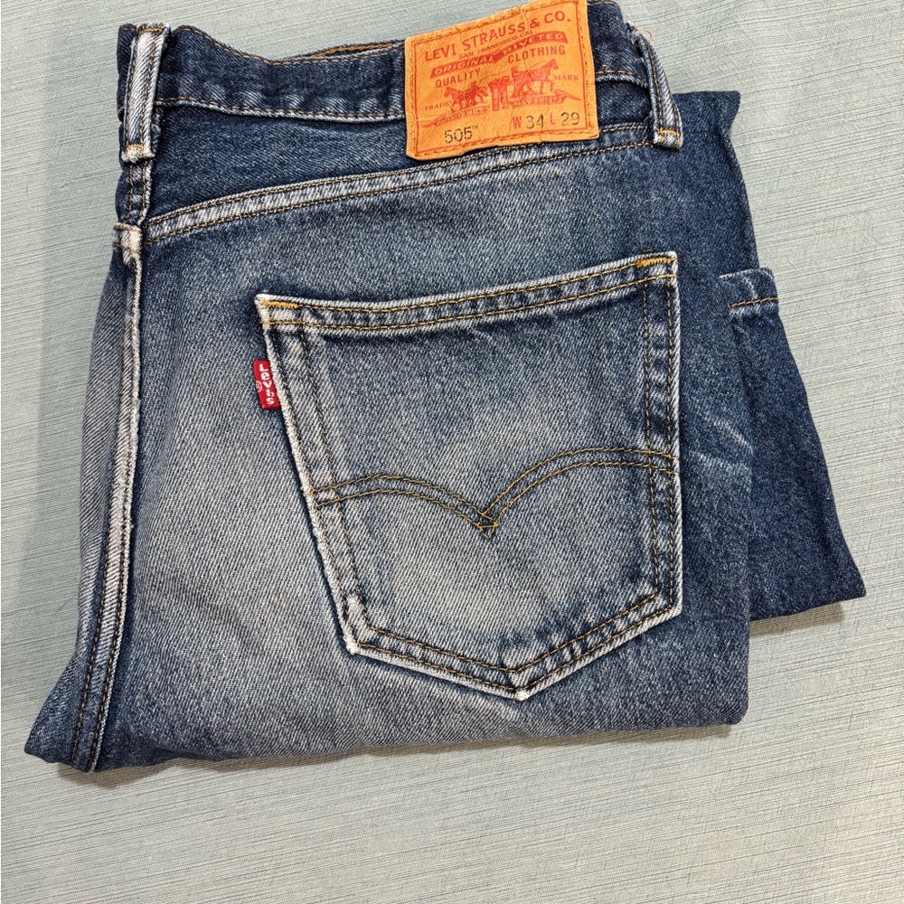 Levi's Men's 505 34 x 29 Distressed Dark Blue Straight Jeans Pair A